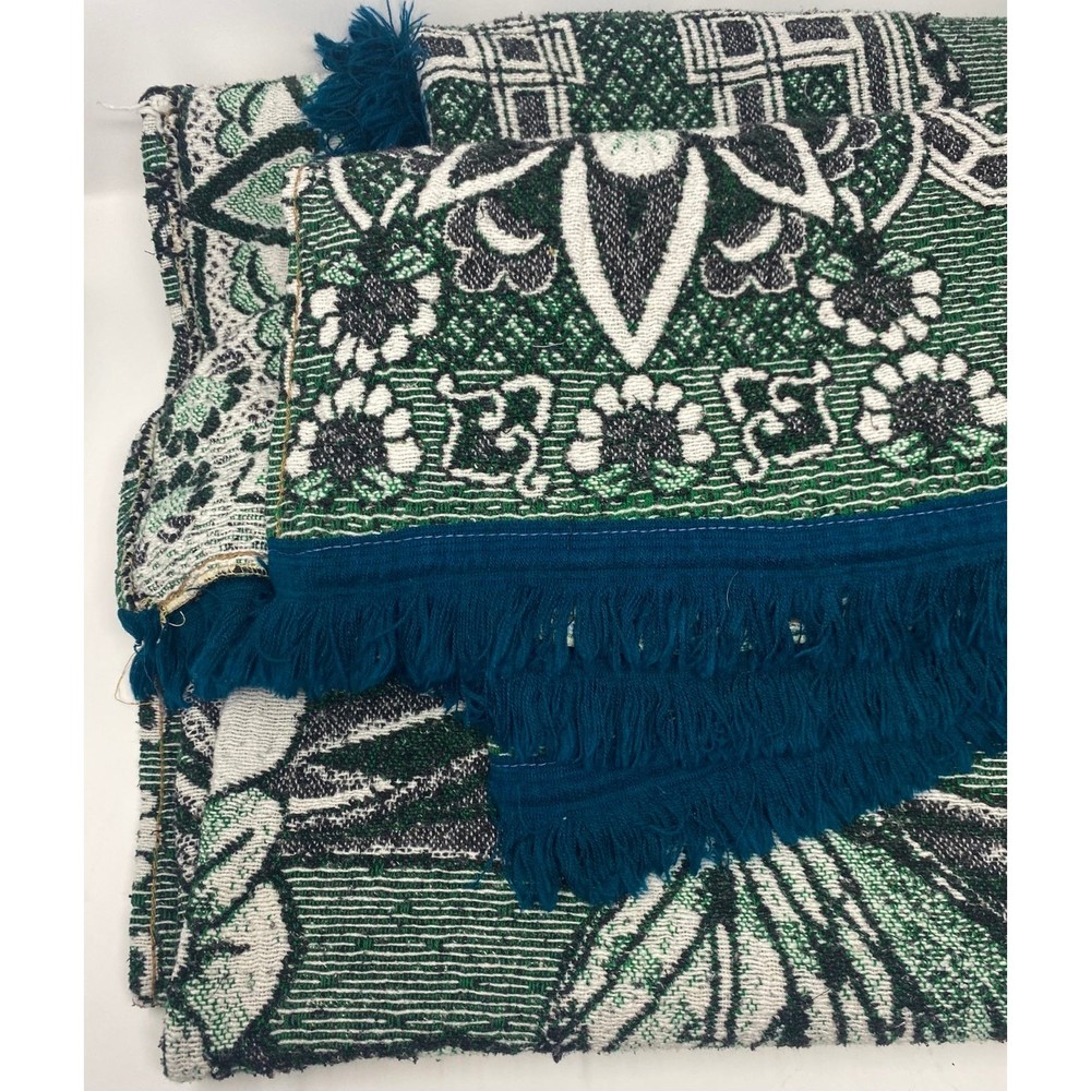 Bedspread Blue Green Floral w Blue Fringe Thick Boho Blanket 81”x82”
